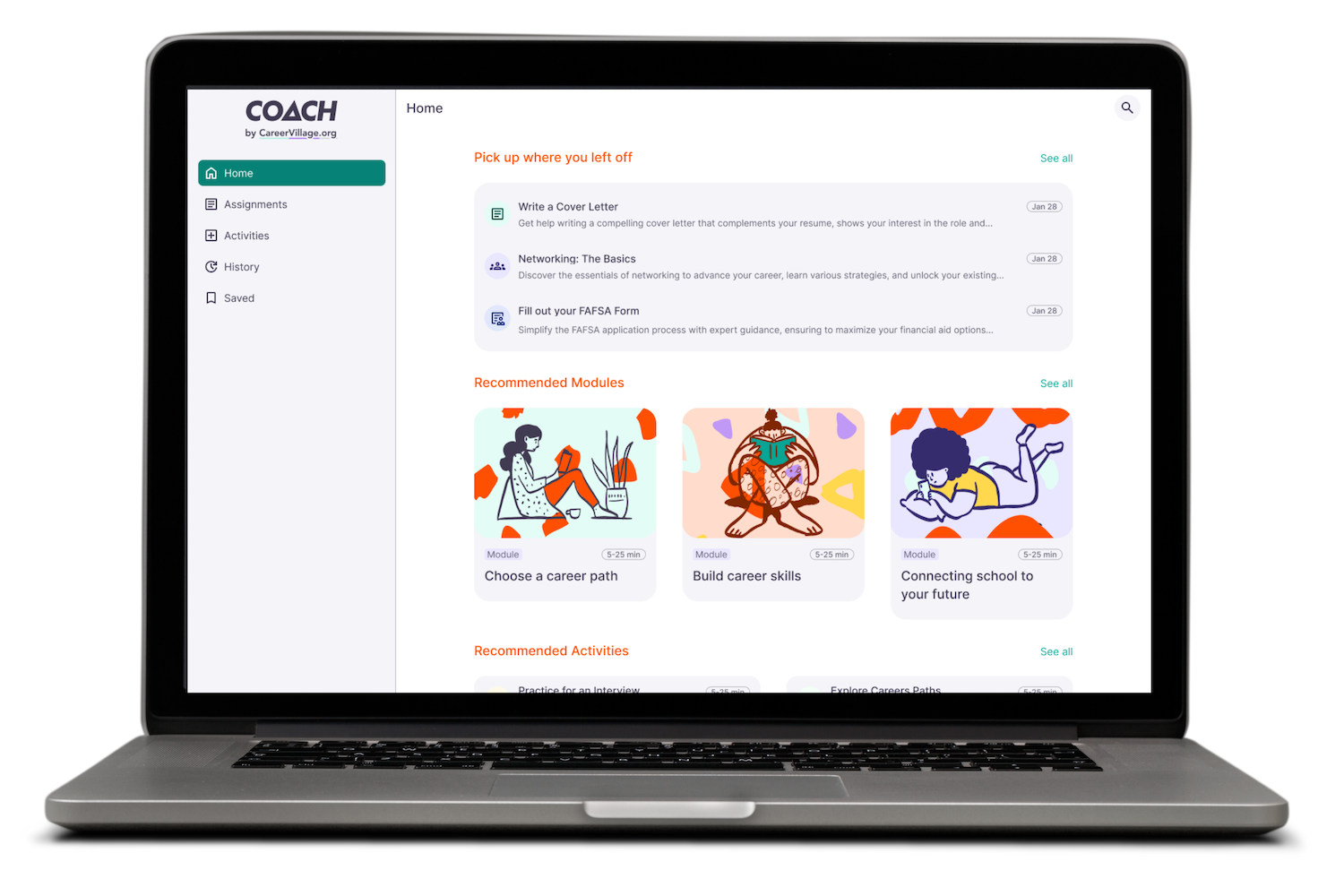 A mock up of the homepage of CareerVillage's AI career coach on a laptop.